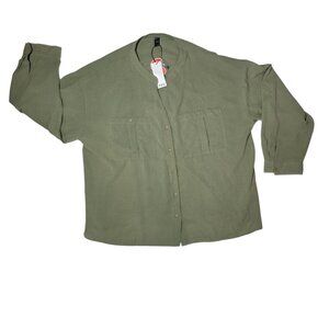 Cider Casual Button-Down Top Notch V-Neck Long Sleeve Roll-Tab Muted  Green 3XL